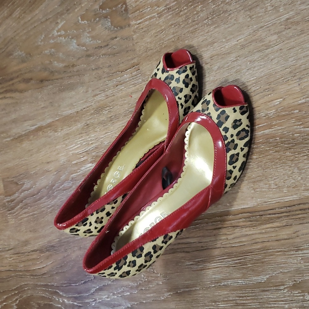 (7) George Leopard Print Peep Toe Heels Business Casual Animal 90s 80s Wild Fun